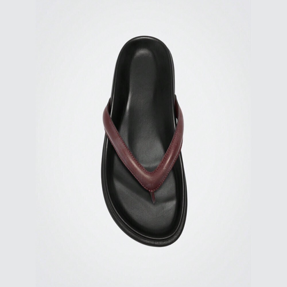 Burgundy / Black Faux Leather Thong Strap Platform Flip Flop Sandals